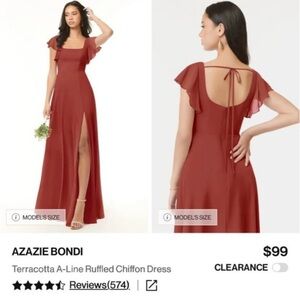 Azazie Rust Flutter Sleeve Open Back Chiffon Gown